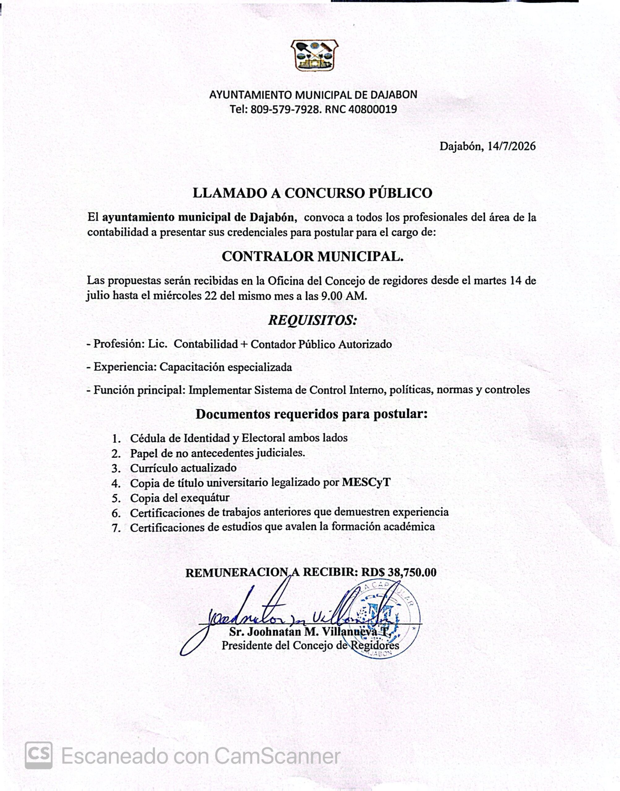 LLAMADO A CONCURSO PÚBLICO CONTRALOR MUNICIPAL.